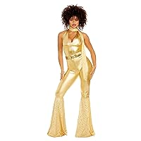 Dreamgirl Womens 70s Disco Costume, Adult Retro Gold Jumpsuit, Disco Fox Halloween Costume