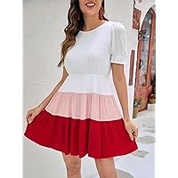 Women's Dress Dresses for Women 1pc Colorblock Puff Sleeve Ruffle Hem Dress Dresses for Women (Color : Red, Size : X-Small)