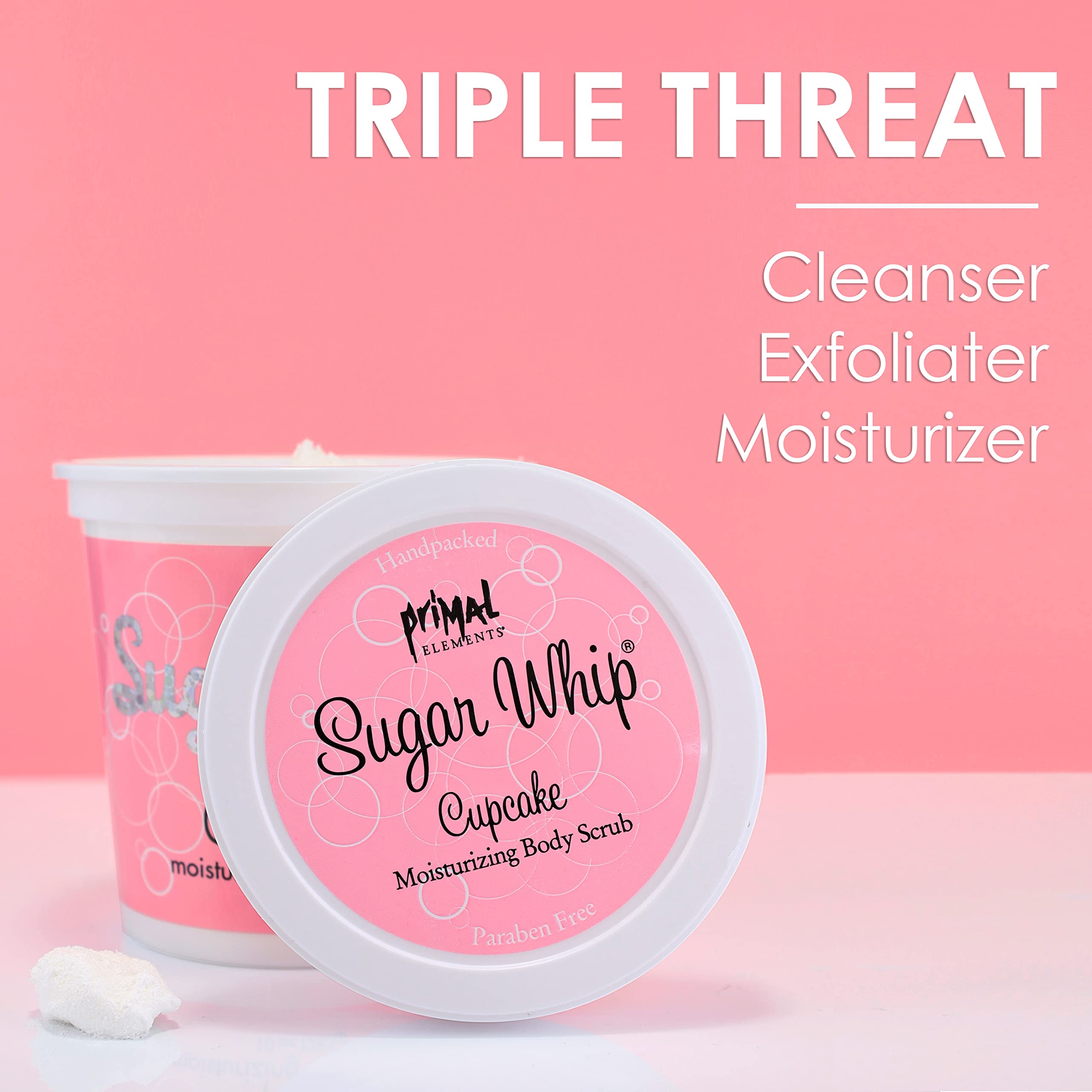 Primal Elements Sugar Whip Exfoliating Scrub, Body and Face Cleanser for Silky Smooth, Moisturize All Skin Types, 10 Oz, Cupcake, 10 Ounce