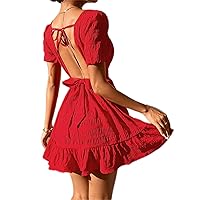 Summer Dresses for Women 2022 Textured Backless Ruffle Hem Dress Dresses for Women (Color : Red, Size : Petite M)