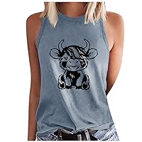 Women Highland Cow Print Tank Tops Funny Cowgirl Animal Graphic Summer Farm Life Casual Vest Top Western Tshirts