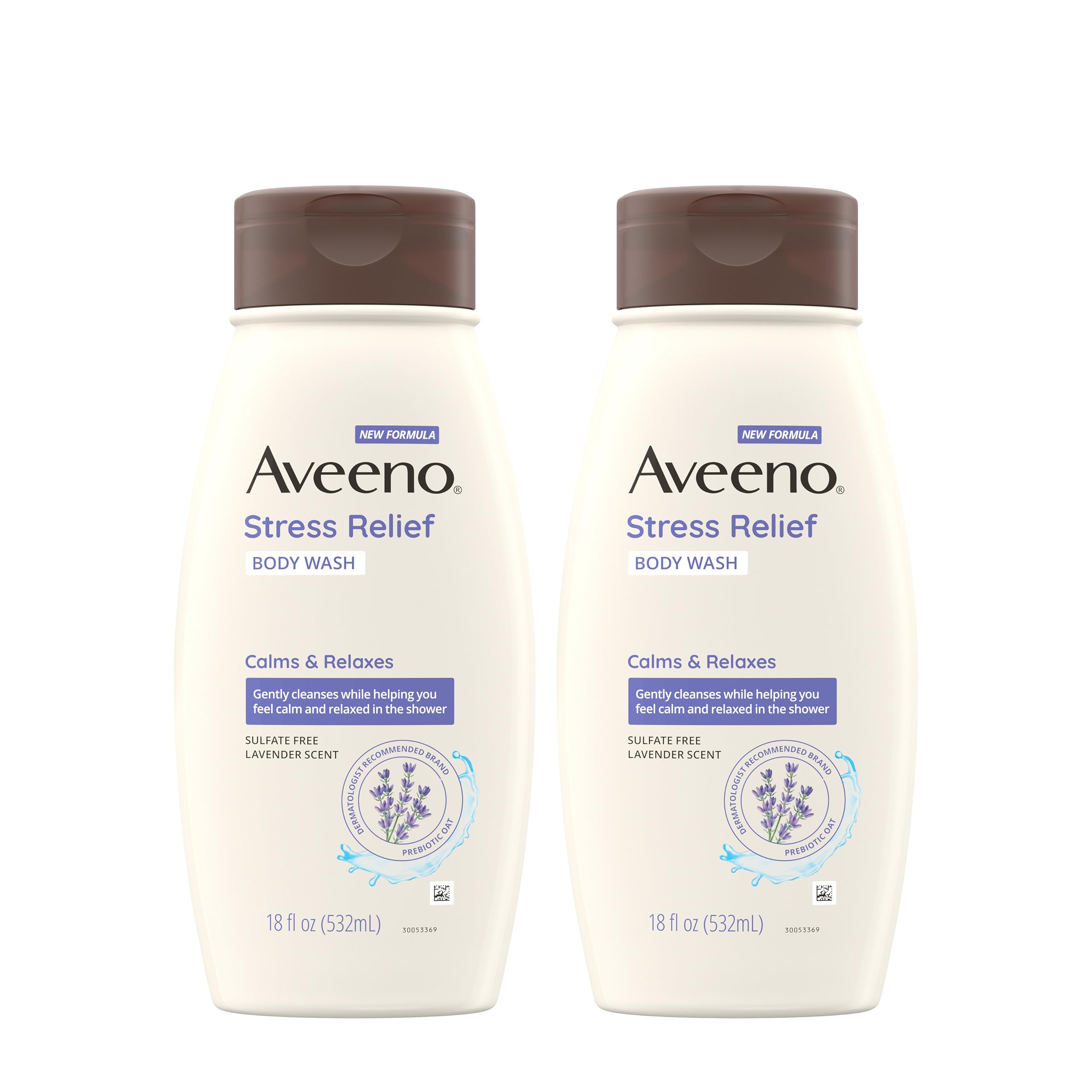 Aveeno Stress Relief Body Wash with Soothing Oat & Lavender Scent for Sensitive Skin, Moisturizing Shower Wash Gently Cleanses & Helps You Feel Calm, Sulfate-Free, Twin Pack, 2 x 18 fl. oz