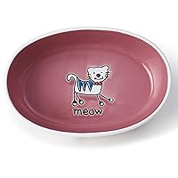 PetRageous 11023 Silly Kitty Oval Dishwasher Safe Stoneware Cat Bowl 6.5-Inch Long 4-Inch Wide 2-Inch Tall 2-Cups Capacity for Cats With Silly Kitty Logo In the Basin, White and Pink