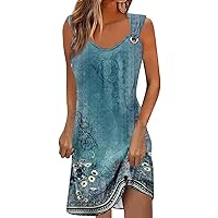 Casual School Backless Tunic Dress for Ladies Sleeveless Independence Day Print Dress for Womens Crew Neck Turquoise L