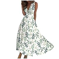 Dresses for Women 2024 Summer Casual Sleeveless V Neck Boho Waist Retraction Printed Long Dress