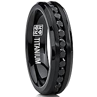 6MM Black Womens Eternity Titanium Ring Wedding Band W/Black Cubic Zirconia