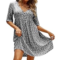 Cotton Summer Dresses for Women 2024 Casual, Women's Casual Print Floral Button Temperament Summer V Neck Loos