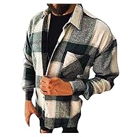 Men's Fall Winter Plus Size Wool Blend Soft Shell Sherpa Shirt Trucker Jacket Coat Solid Color/Plaid Long Sleeve Lapel Collar Single Breasted Short Trench Peacoat with Pocket(C Green L)