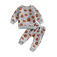 VISGOGO Halloween Baby Boy Girls Clothes Toddler Newborn Outfits Fall Winter Pumpkin Letter Sweatshirt Tops Pants Set
