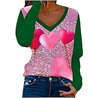 Valentines Day Sequin Print Color Block Shirt for Women Cute Love Heart Casual Tops Long Sleeve V Neck Blouses