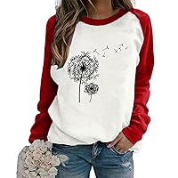 Dandelion Print Sweatshirts For Women Loose Fit Color Patchwork Long Sleeve Pullover Clothes Fall Spring Sweater