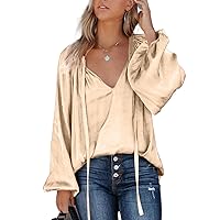 Women's Casual Basic Drawstring V Neck Tops Baggy Lantern Long Sleeve Shirt Oversized Solid Color Tunic Blouses