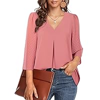 Messic Women's 3/4 Sleeve Work Blouses Casual V Neck Chiffon Shirts Top