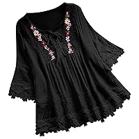 Vintage Lace Patchwork T Shirts for Women 3/4 Sleeve Floral Tee Tops Tie Fall Summer Party Tunic Blouse Holiday