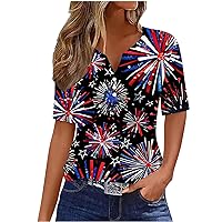 Ladies Tops 4th of July Short Sleeve Blouses Funny Stars Fireworks Print Henley Shirts Women Summer Patriotic Tees