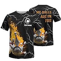 Name Bowling Novelty T Shirt Print Top with Black Bowling Ball on Fire and Lightning Pattern Graphic On it for Bowler