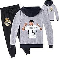 Boys Zip-up Jacket with Hood Jude Belingham Coat and Long Pants 2Pcs Outfit-Real Madrid Novelty Hooded Tops for Kids