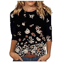 Going Out Tops for Women,3/4 Length Sleeve Womens Tops Round Neck Trendy Print Graphic Shirt Plus Size Tops for Women