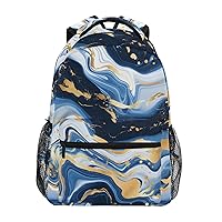 ALAZA Marble Blue Gold White Backpack Purse with Multiple Pockets Name Card Personalized Travel Laptop Book Bag, Size M/16.9 inch