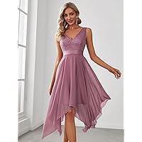 Women's Dress Dresses for Women Double Neck Lace Bodice Hanky Hem Dress (Color : Mauve Purple, Size : X-Large)