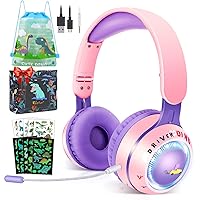 QearFun Kids Toddlers Bluetooth Headphones, Foldable 9 Colorful Led Lights Wireless Dinosaur Headphones with Mic & 3.5mm Jack, Boys Girls On-Ear Gaming Headset Gifts for PS4/Xbox One/Switch/PC/Tablet