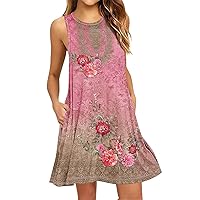 Womens Sundresses Summer Dresses for Women 2024 Floral Print Vintage Fashion Casual Loose Fit with Sleeveless Scoop Neck Dress Hot Pink X-Large