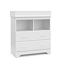 Storkcraft Brookside 2 Drawer Changing Table Dresser (White) – GREENGUARD Gold Certified, Easy-to-Match Chest of Drawers and Cubbies for Nursery and Kids Bedroom, Includes Changing Table Topper