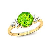 Women's Statement Ring, Green Peridot 14kt Yellow Gold Gemstone Birthsone Ring, 8MM ROUND Shape with 6 Diamond/Jewellery for Women, Gift for Mother/Sister/Wife