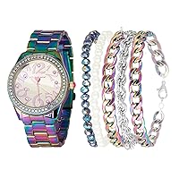 Women's Watch Set - Link Band Wristwatch with Stacked Bracelets and Easy Read Dial