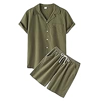 WENKOMG1 2 Piece Outfits For Men,Button Up Shirt And Shorts Set Solid Summer Sleepwear Nightwear Lightweight Pajama Sets