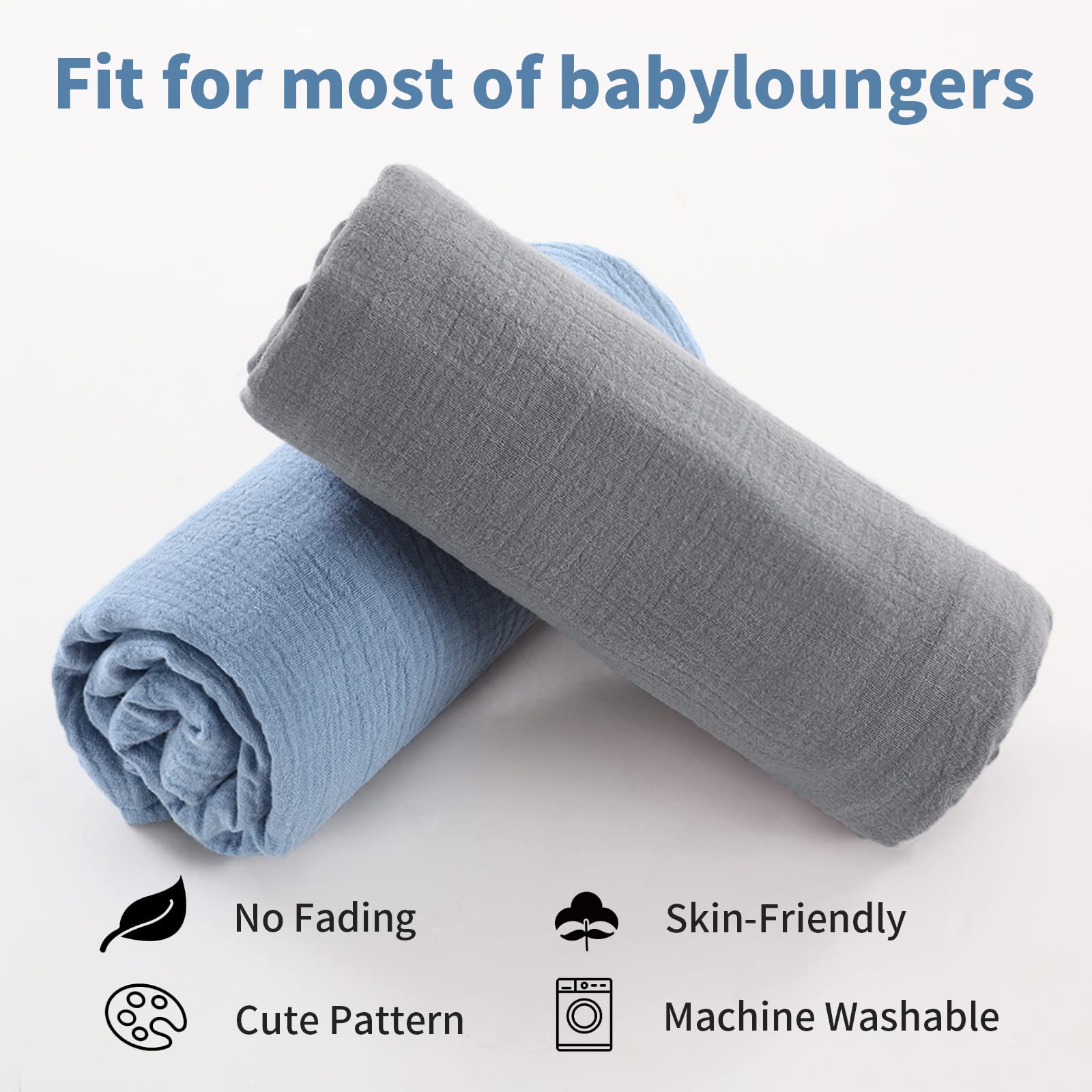 HOMBYS Muslin Baby Lounger Cover 2 Pack for Newborn, 100% Cotton Lounger Slipcover, Ultra Soft Removable Cover for Infant Lounger Pillow (Blue & Grey)