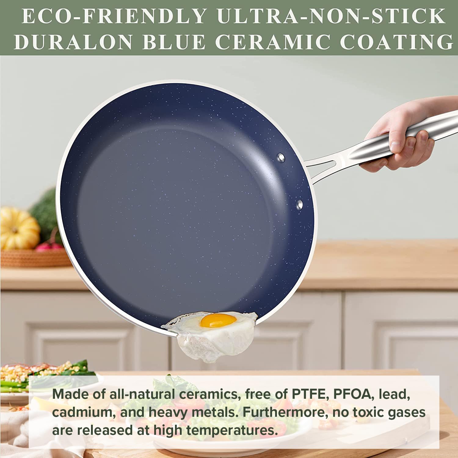 Nuwave Healthy Duralon Blue Ceramic Nonstick Coated Cookware Set, Diamond Infused Scratch-Resistant, PTFE & PFOA Free, Oven Safe, Induction Ready & Evenly Heats, Tempered Glass Lids & Stay-Cool Handle