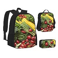 Vegetable And Fruit Backpack, Laptop Backpack With Lunch Bag And Storage Box 3 Piece Set, 15 Inch Large Backpack