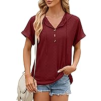 Women's Tops and Blouses Spring Summer Solid Color Button Hooded Loose Short Sleeve Long Undershirt, S-2XL