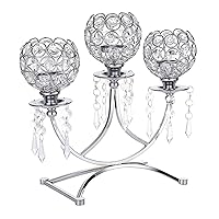OwnMy 3 Arms Crystal Bowl Tealight Candle Holder Candelabra Votive Candle Stand, 3-Arm Crystal Tea Light Candlestick Candle Centerpiece for Dining Table Wedding Christmas Party Home Decor (Silver)