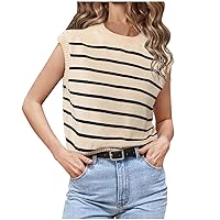 Womens Striped Sweater Vest Summer High Neck Knit Tank Tops Sleeveless Casual Short Tee Shirts Ladies Fashion Pullover