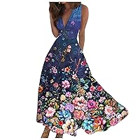 Sequin Dress, Flowy Dresses for Women Casual Dress 2024 Sleeveless Summer Dress V Neck Maxi Womens Trendy Retraction Printed Casual Boho Fashion Waist Long Dress Linen Dress Women (Royal Blue,Small)