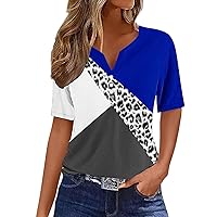 Women's Leopard Print Color Block T Shirts Summer Short Sleeve Henley Shirt Casual V Neck Button Down Blouse Tops
