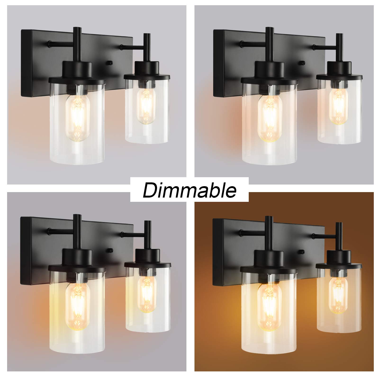 GoYeel Bathroom Vanity Light Fixtures, 2 Light Wall Sconce Black Vintage Industrial Farmhouse Sconces Wall Lighting with Clear Glass Shade for Bathroom Bedroom Living Room