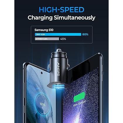 Car Charger, AINOPE Smallest 4.8A All Metal USB Car Charger Port Fast Charge Car Charger Adapter Flush Fit Compatible with iPhone 14 Pro Max/13/12/11/x/6s, iPad Air 2/Mini 3, Samsung Note 9/S10/S9/S8
