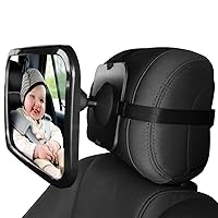 Premium Quality Baby Car Mirror,100% Shatterproof,Fits any adjustable headrest,Adjustable Straps,Clear View of Infant in Rear Facing Car Seat,Secure,360° Rotation(Black)