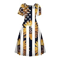 Deals, Women Dresses Summer 2024, Flower for Womens Clothing Pants with Pockets Spring Outfits Trendy 4Th of July Printed Casual Round Short Sleeve Vintage Midi Hepburn Dress (XXL, Yellow)