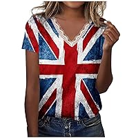 Womens Stars Stripes 4th of July Lace V Neck Patriotic Tops Summer Short Sleeve Casual Loose Fit Fashion T-Shirts
