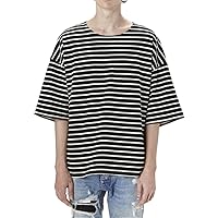 Q&Y Men's Oversized Loose Hipster Hip Hop Basic Striped Crewneck Short Sleeve T-Shirt