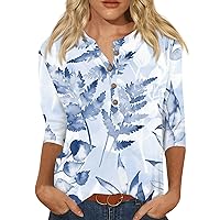 Plus-Size 3/4 Sleeve Tops 3/4 Length Sleeve Womens Tops 2024 Casual Trendy Print Loose Fit with Henry Collar Oversized Tunic Shirts Blue 3X-Large