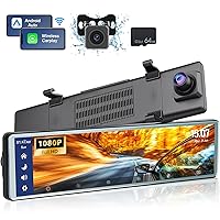 Podofo 11.26 Inch Car In-Mirror Mounted Dash Cam Front and Rear for Car Parking，1080P HD Monitor with Wireless Apple Carplay & Android Auto Split Touch Screen +Backup Camera+Cigarette Lighter+64G Card