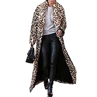 Women's Sexy Elegant Vintage Leopard Print Lapel Faux Fur Long Maxi Coat Jacket