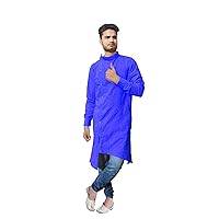 Lakkar Haveli Indian Pure Cotton Men’s Shirt Trail Cut Kurta Solid Plain Blue Color Tunic