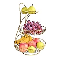 3-Tier Fruit Basket Stand Decorative Metal Fruit Bowl, Fruit Snack Storage Baskets for Kitchen Counter,Countertop Fruit Stand Holder (Gold)