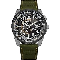 Citizen Men's Eco-Drive Promaster Air Nighthawk Pilot Watch in Stainless Steel with Olive Green Leather Strap, Black Dial, 42mm (Model: BJ7138-04E)